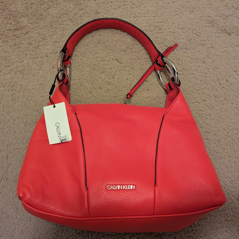 Calvin Klein Red Hobo Bag with Silver Accents